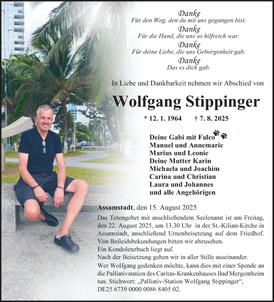 Traueranzeige von Wolfgang Stippinger von Fränkische Nachrichten