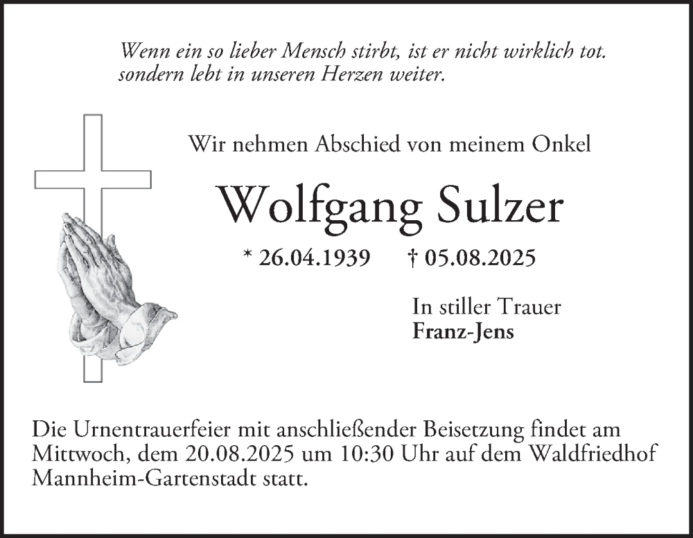  Traueranzeige für Wolfgang Sulzer vom 16.08.2025 aus Mannheimer Morgen