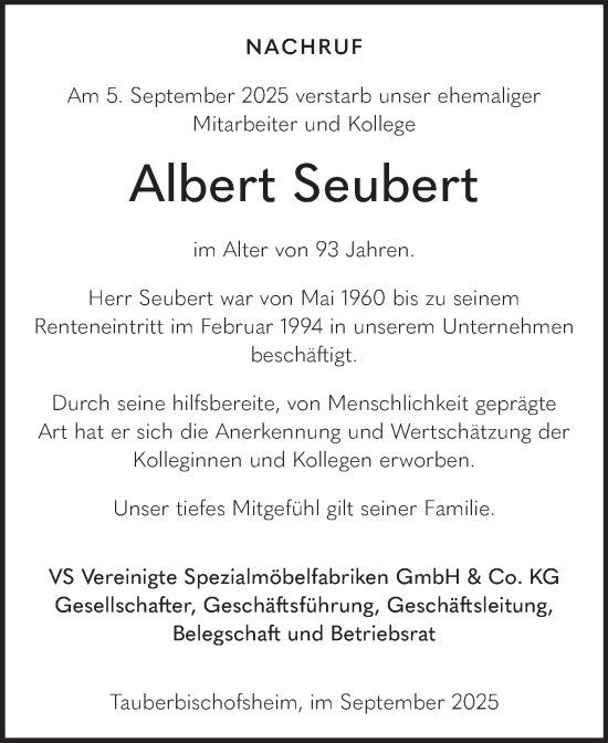 Traueranzeige von Albert Seubert von Fränkische Nachrichten