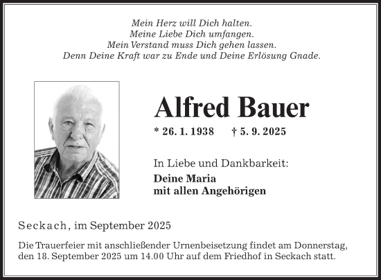 Traueranzeige von Alfred Bauer von Fränkische Nachrichten