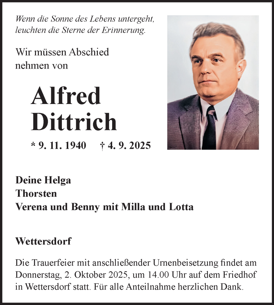  Traueranzeige für Alfred Dittrich vom 26.09.2025 aus Fränkische Nachrichten