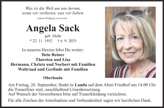 Traueranzeige von Angela Sack von Fränkische Nachrichten