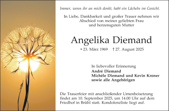 Traueranzeige von Angelika Diemand von Schwetzinger Zeitung