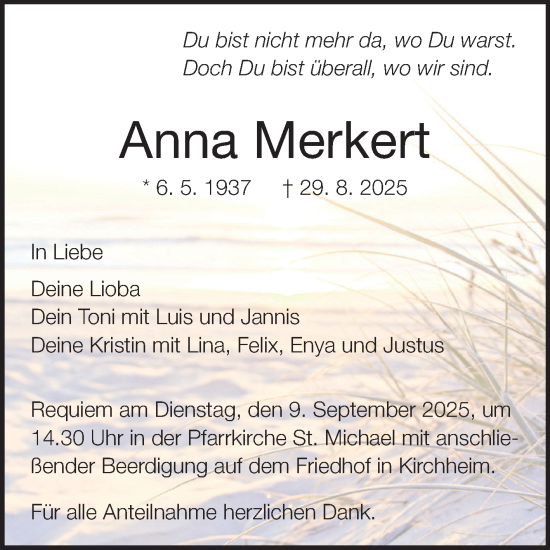 Traueranzeige von Anna Merkert von Fränkische Nachrichten