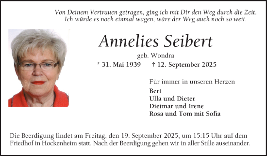 Traueranzeige von Annelies Seibert von Schwetzinger Zeitung