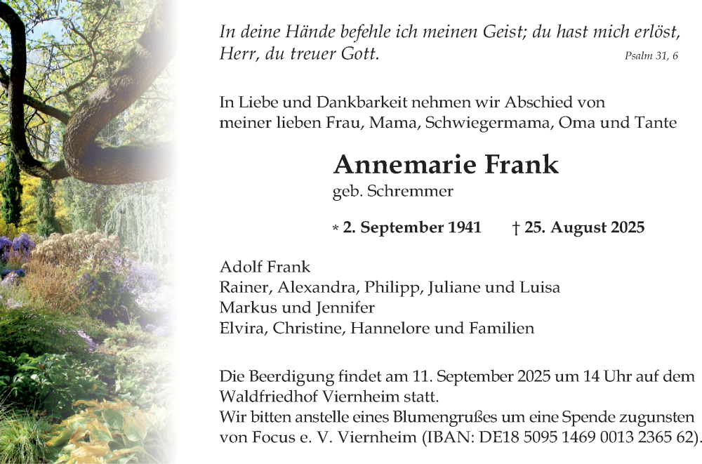  Traueranzeige für Annemarie Frank vom 06.09.2025 aus Mannheimer Morgen