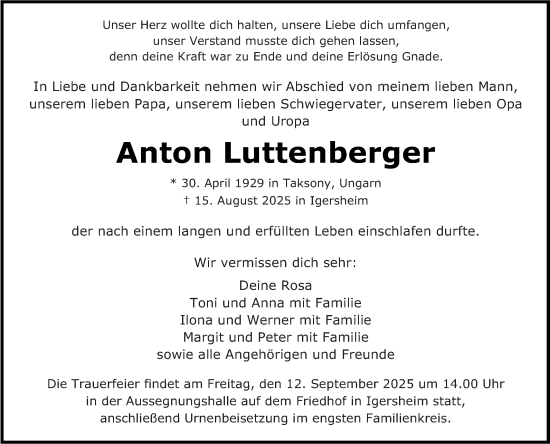 Traueranzeige von Anton Luttenberger von Fränkische Nachrichten