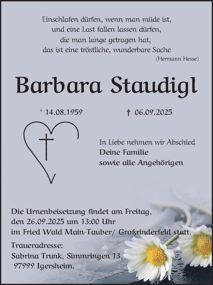  Traueranzeige für Barbara Staudigl vom 13.09.2025 aus Bergsträßer Anzeiger