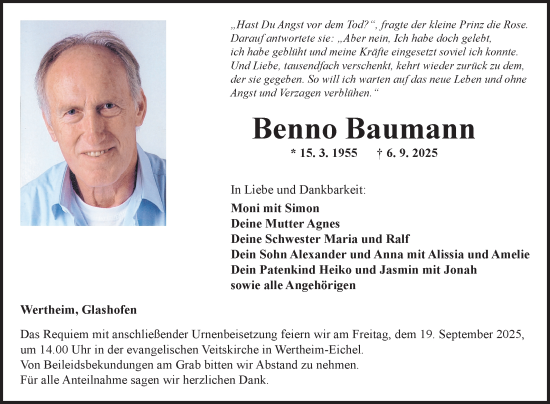 Traueranzeige von Benno Baumann von Fränkische Nachrichten