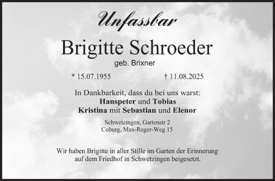 Traueranzeige von Brigitte Schroeder von Schwetzinger Zeitung