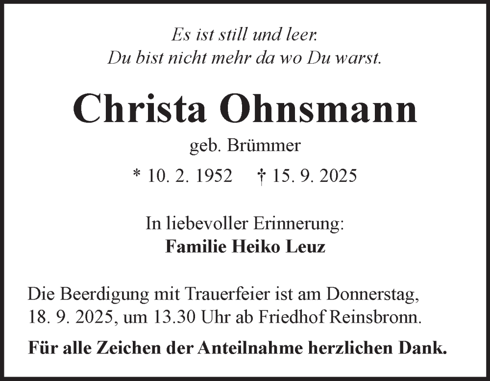  Traueranzeige für Christa Ohnsmann vom 17.09.2025 aus Fränkische Nachrichten