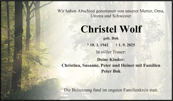 Traueranzeige von Christel Wolf von Fränkische Nachrichten