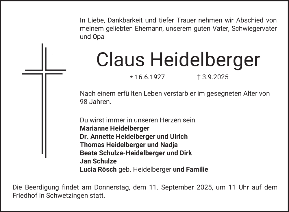  Traueranzeige für Claus Heidelberger vom 06.09.2025 aus Schwetzinger Zeitung