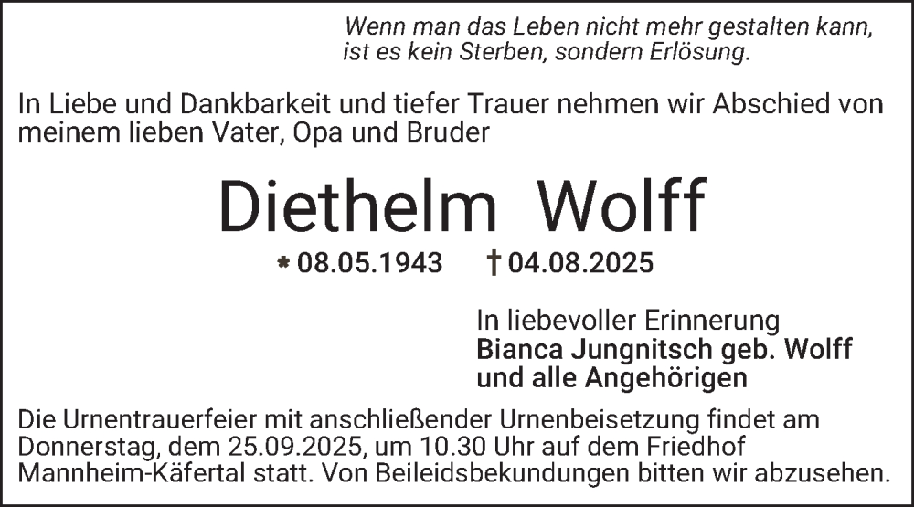  Traueranzeige für Diethelm Wolff vom 13.09.2025 aus Mannheimer Morgen