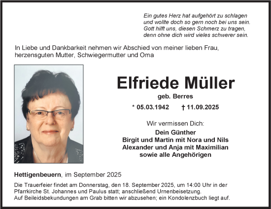 Traueranzeige von Elfriede Müller von Fränkische Nachrichten