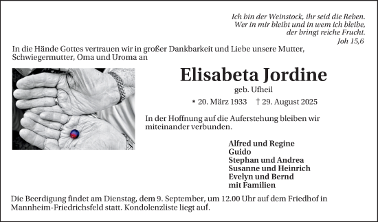 Traueranzeige von Elisabeta Jordine von Mannheimer Morgen