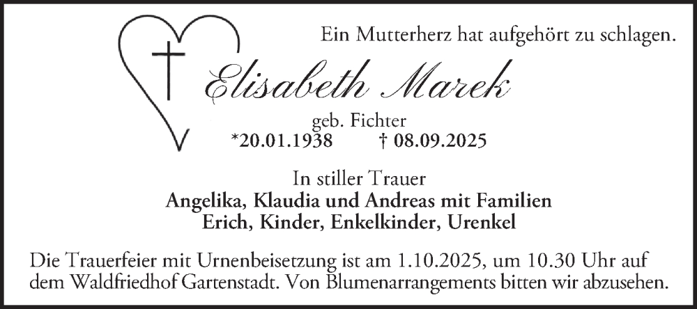  Traueranzeige für Elisabeth Marek vom 20.09.2025 aus Mannheimer Morgen