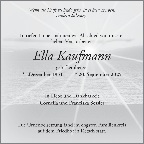 Traueranzeige von Ella Kaufmann von Schwetzinger Zeitung