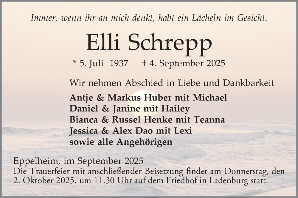  Traueranzeige für Elli Schrepp vom 27.09.2025 aus Mannheimer Morgen
