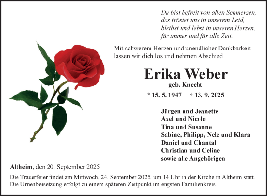 Traueranzeige von Erika Weber von Fränkische Nachrichten