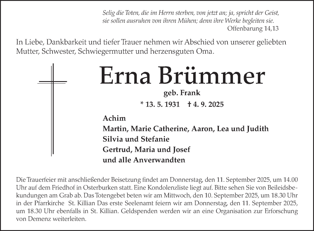  Traueranzeige für Erna Brümmer vom 06.09.2025 aus Fränkische Nachrichten