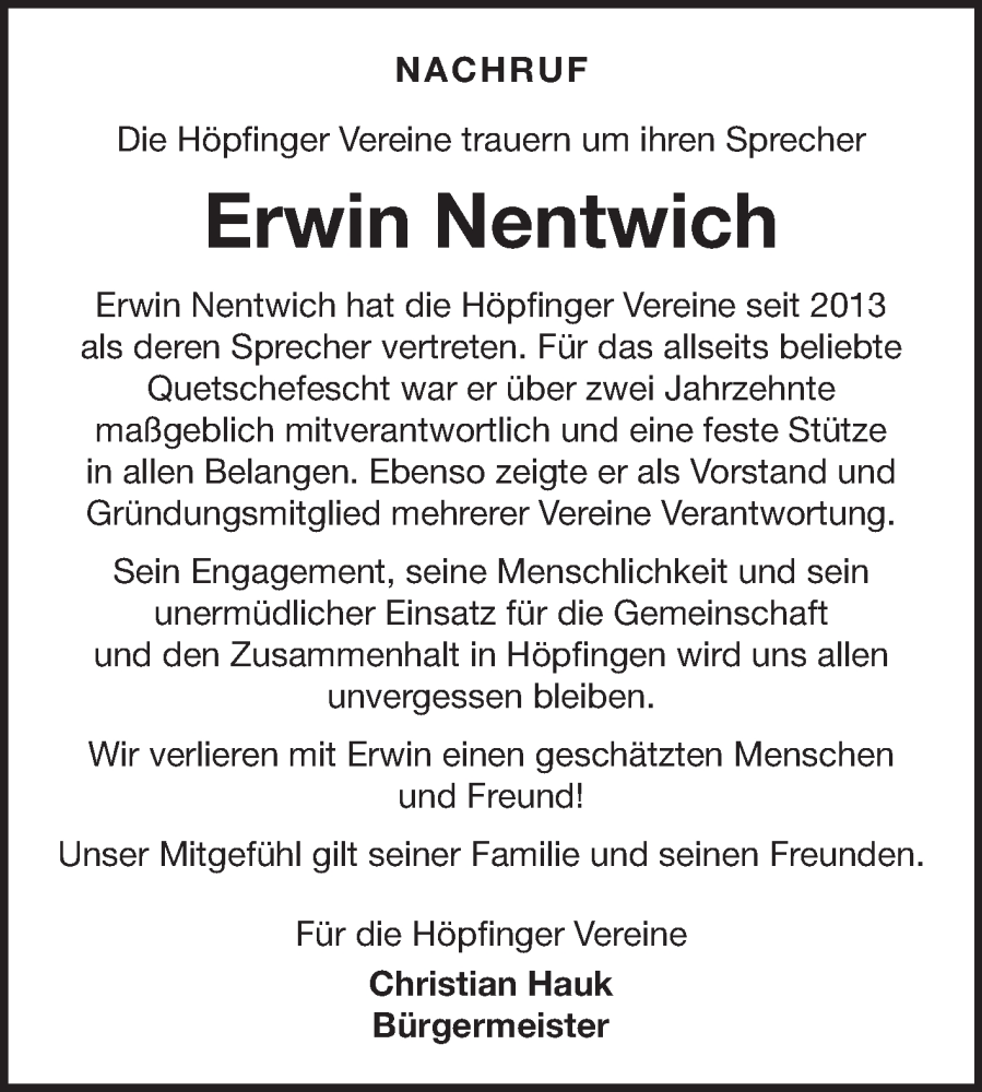  Traueranzeige für Erwin Nentwich vom 10.09.2025 aus Fränkische Nachrichten
