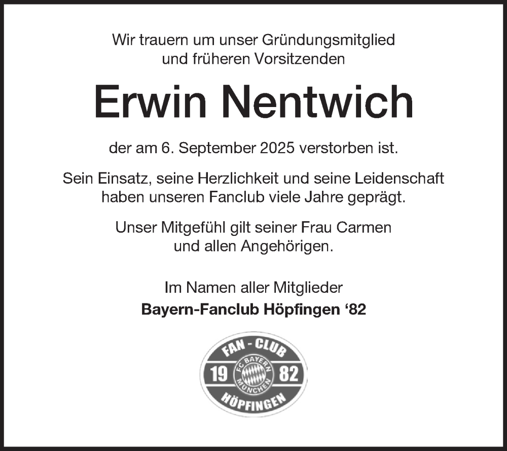  Traueranzeige für Erwin Nentwich vom 10.09.2025 aus Fränkische Nachrichten