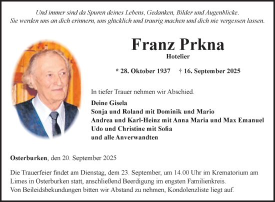 Traueranzeige von Franz Prkna von Fränkische Nachrichten
