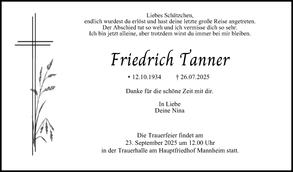  Traueranzeige für Friedrich Tanner vom 20.09.2025 aus Mannheimer Morgen