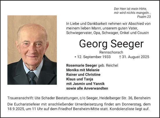 Traueranzeige von Georg Seeger von Bergsträßer Anzeiger