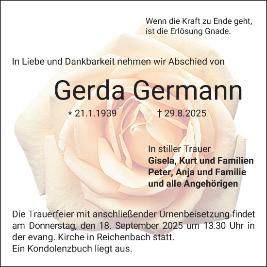 Traueranzeige von Gerda Germann von Bergsträßer Anzeiger
