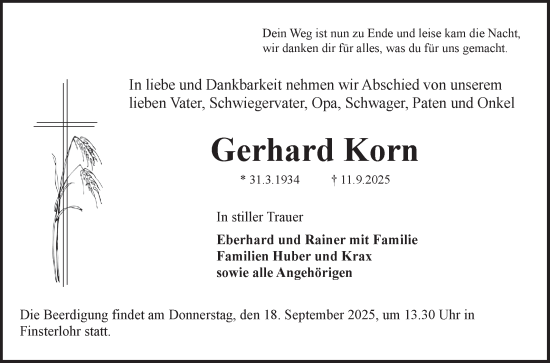 Traueranzeige von Gerhard Korn von Fränkische Nachrichten