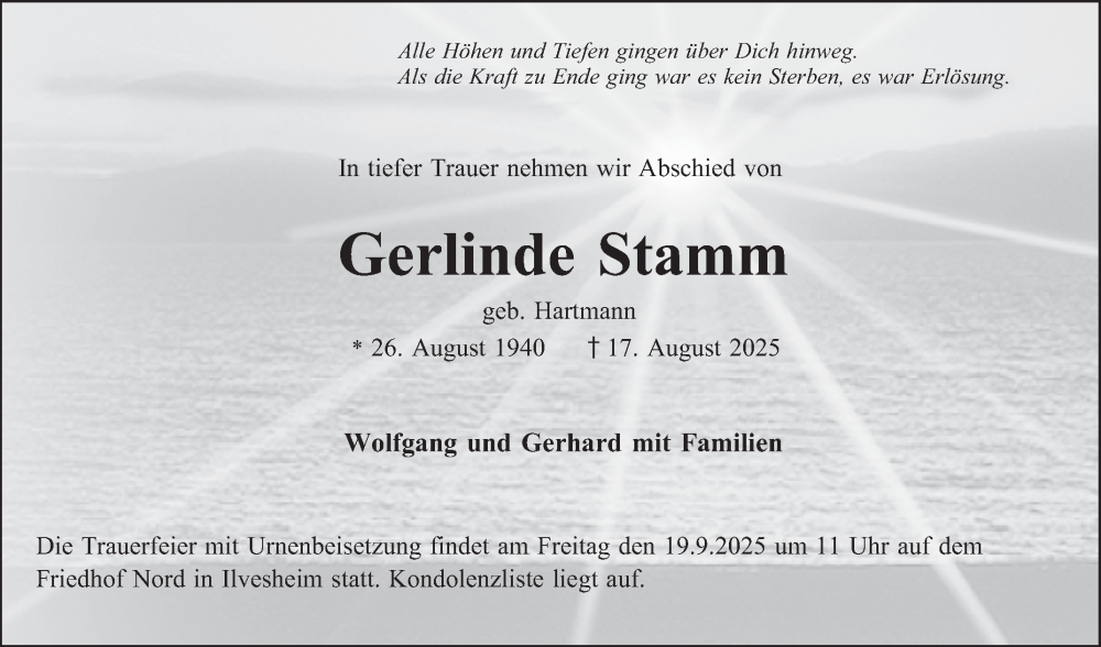  Traueranzeige für Gerlinde Stamm vom 06.09.2025 aus Mannheimer Morgen