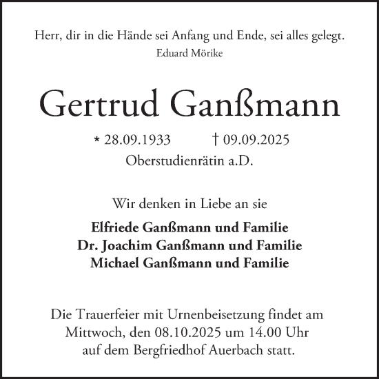 Traueranzeige von Gertrud Ganßmann von Bergsträßer Anzeiger