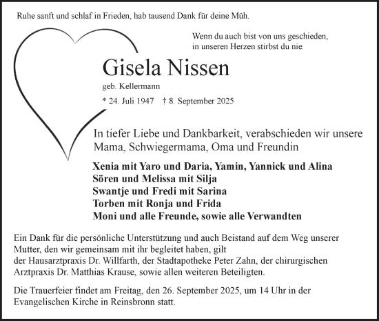 Traueranzeige von Gisela Nissen von Fränkische Nachrichten