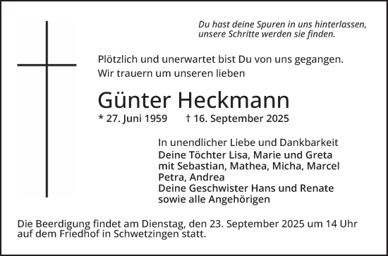 Traueranzeige von Günter Heckmann von Schwetzinger Zeitung