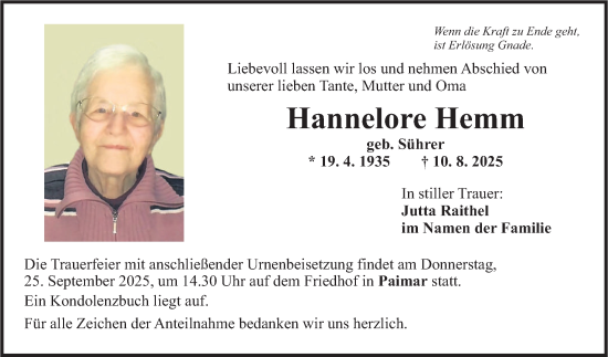 Traueranzeige von Hannelore Hemm von Fränkische Nachrichten