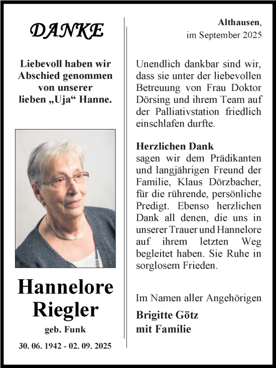 Traueranzeige von Hannelore Riegler von Fränkische Nachrichten