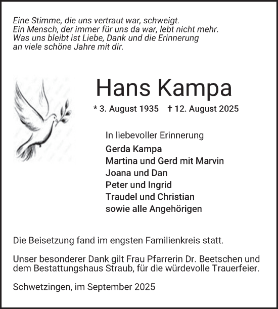Traueranzeige von Hans Kampa von Schwetzinger Zeitung