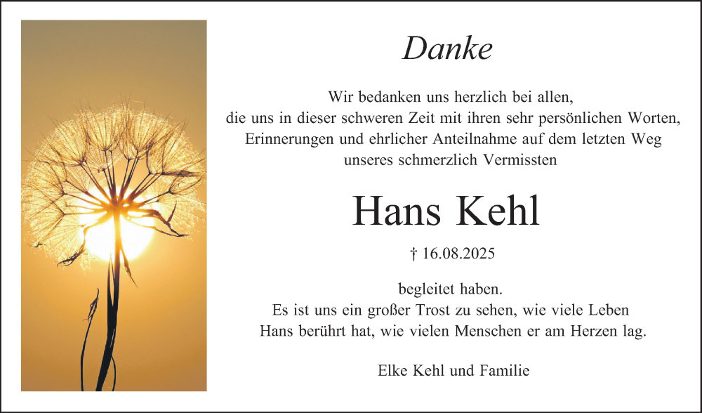  Traueranzeige für Hans Kehl vom 06.09.2025 aus Bergsträßer Anzeiger
