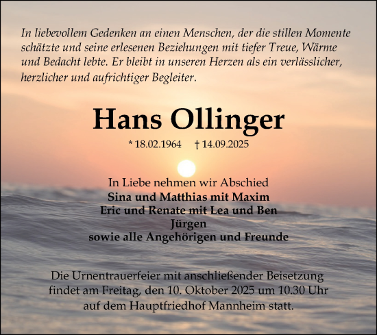 Traueranzeige von Hans Ollinger von Mannheimer Morgen
