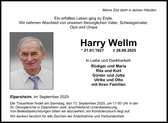 Traueranzeige von Harry Wellm von Fränkische Nachrichten
