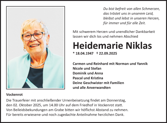 Traueranzeige von Heidemarie Niklas von Fränkische Nachrichten