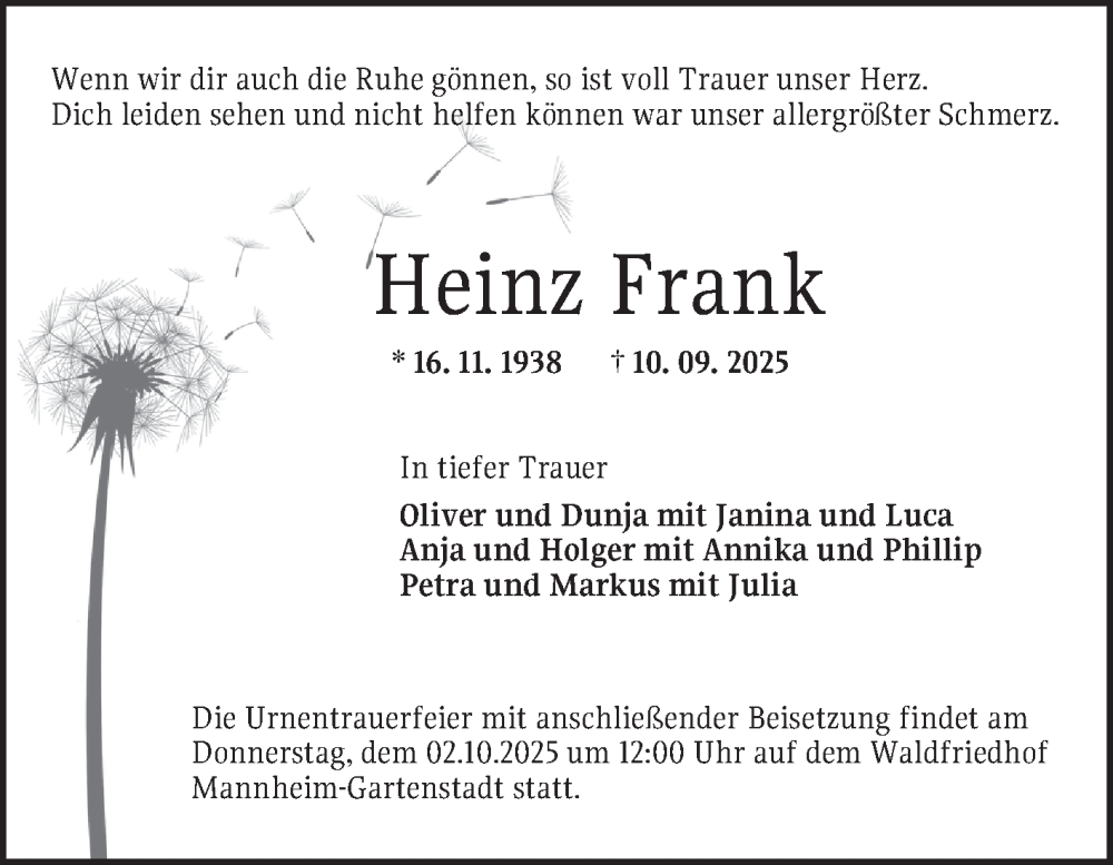  Traueranzeige für Heinz Frank vom 27.09.2025 aus Mannheimer Morgen