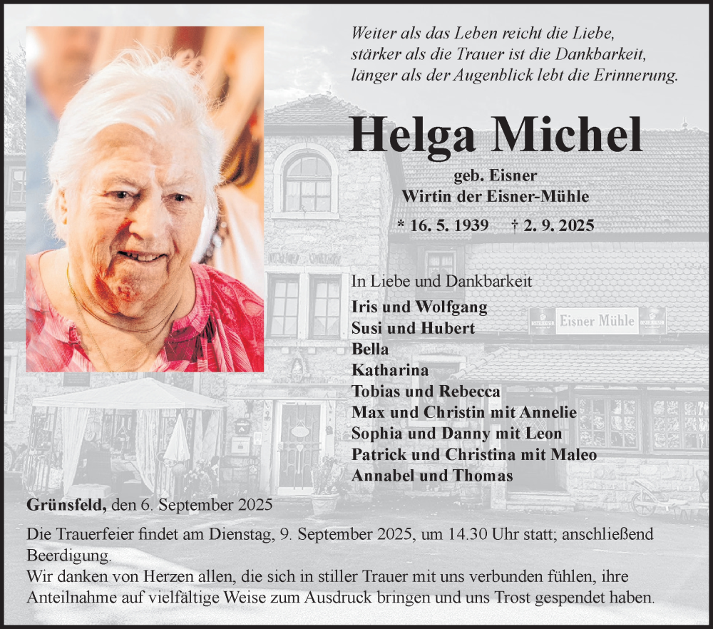  Traueranzeige für Helga Michel vom 06.09.2025 aus Fränkische Nachrichten