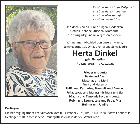 Traueranzeige von Herta Dinkel von Fränkische Nachrichten