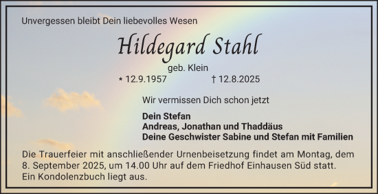Traueranzeige von Hildegard Stahl von Bergsträßer Anzeiger