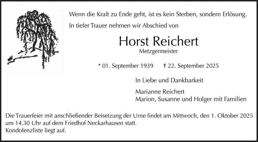  Traueranzeige für Horst Reichert vom 27.09.2025 aus Mannheimer Morgen