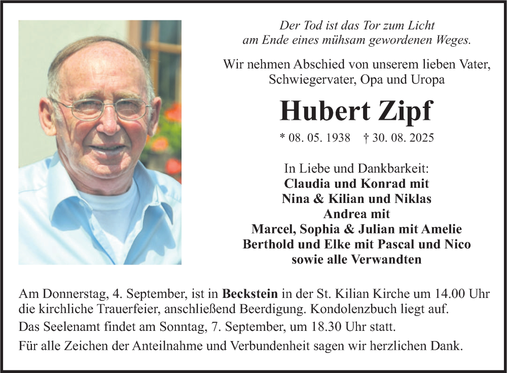  Traueranzeige für Hubert Zipf vom 02.09.2025 aus Fränkische Nachrichten