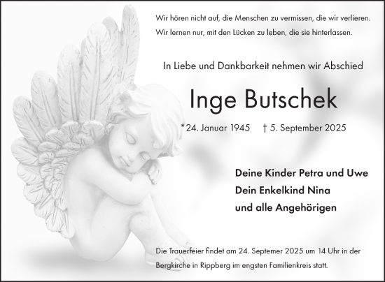 Traueranzeige von Inge Butschek von Fränkische Nachrichten